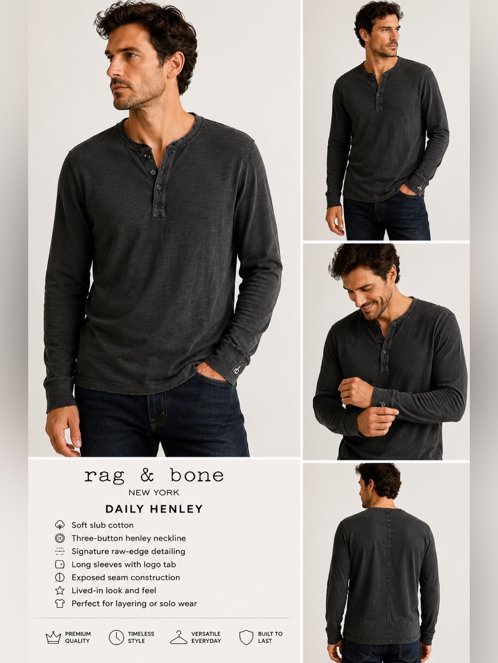 Rag & Bone Daily Henley Long Sleeve Slub Cotton Tee Charcoal Gray Medium